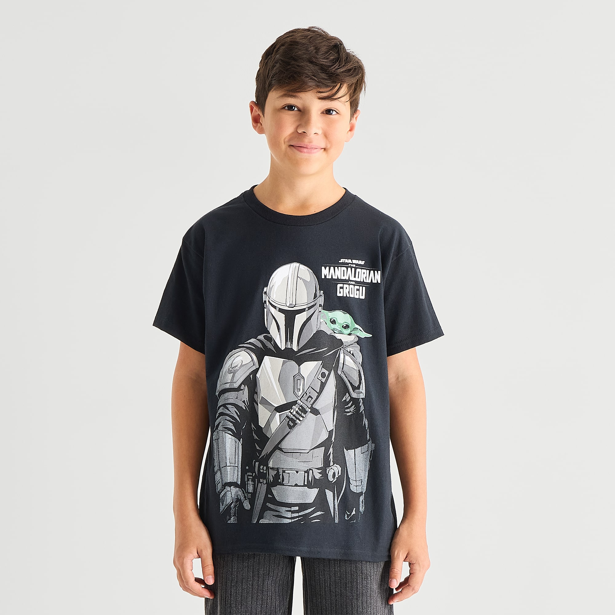 Mandalorian Little & Big Kid Boys Crew Neck Short Sleeve Regular Fit Star Wars Graphic T-Shirt