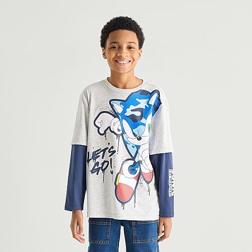 Bioworld Little & Big Kid Boys Crew Neck Long Sleeve Regular Fit Sonic The Hedgehog Graphic T-shirt In Gray