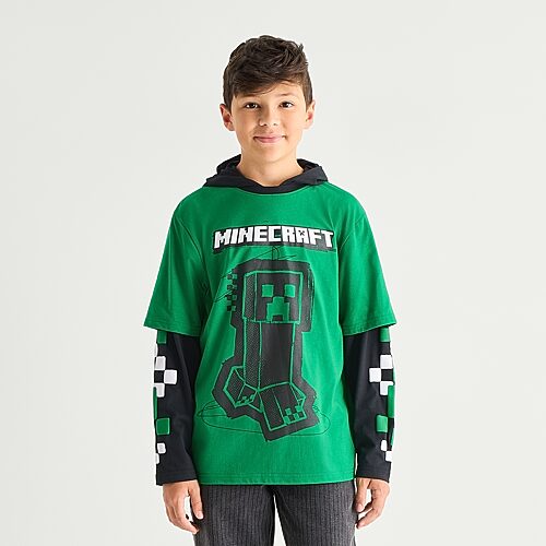 Bioworld Little & Big Kid Boys Hooded Long Sleeve Regular Fit Minecraft Graphic T-shirt In Green
