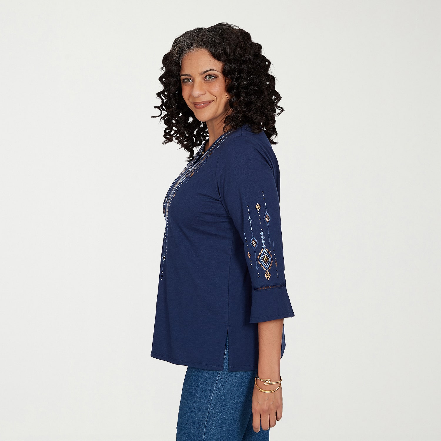 Alfred Dunner Tuscany Womens Keyhole Neck 3/4 Sleeve T-Shirt