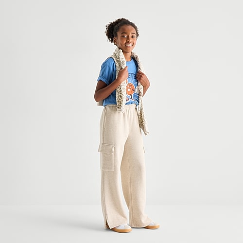 Xersion Little & Big Kid Girls High Rise Wide Leg Active Fleece Cargo Pant In Beige