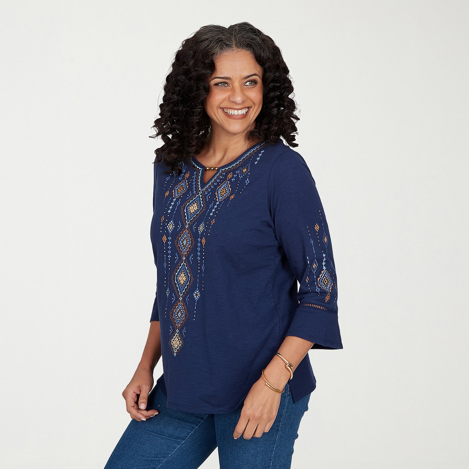 Alfred Dunner Tuscany Womens Keyhole Neck 3/4 Sleeve T-Shirt