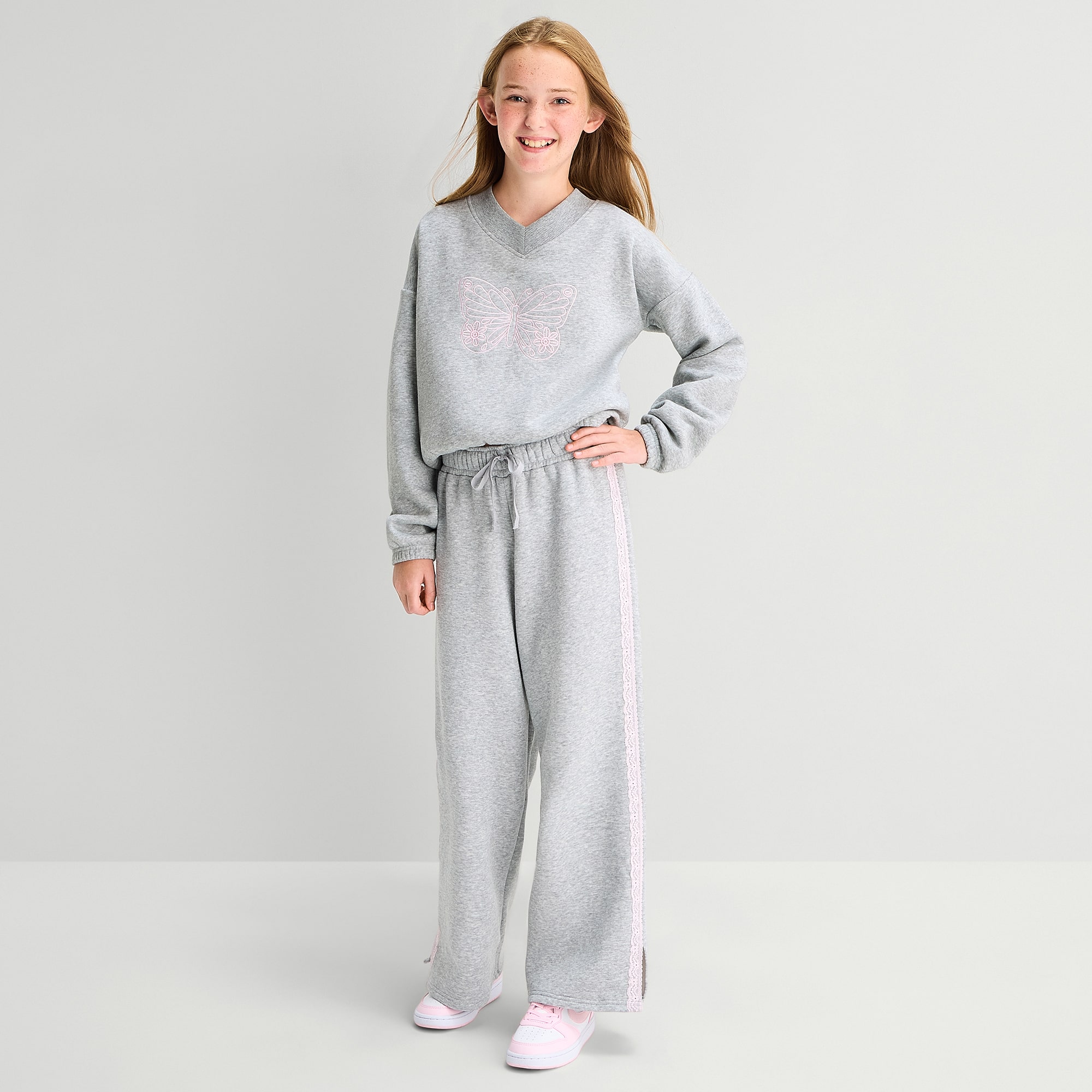 Thereabouts Little & Big Kid Girls V Neck Fleece Embroidered Long Sleeve Sweatshirt