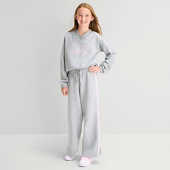 Thereabouts Little & Big Kid Girls V Neck Fleece Embroidered Long Sleeve Sweatshirt