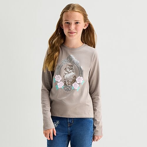 Thereabouts Little & Big Kid Girls Crew Neck Long Sleeve Classic Fit Graphic T-Shirt, 3x-large (22.5) Plus, Gray