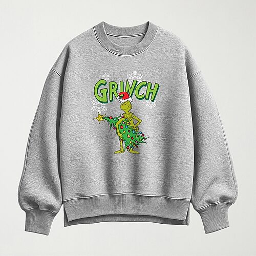 Hybrid Tees With Tree Womens Crew Neck Long Sleeve Grinch Pullover Sweater In Gray
