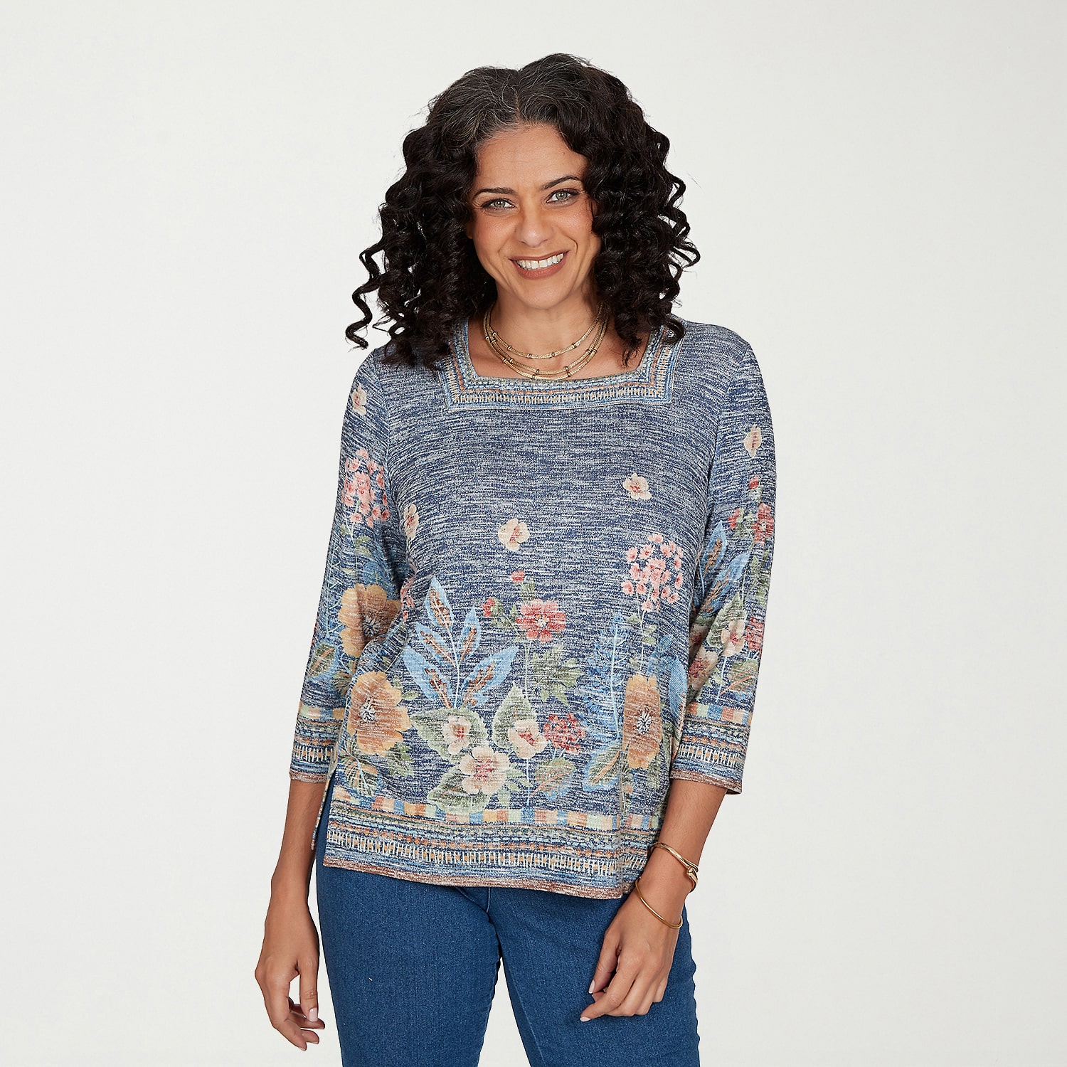 Alfred Dunner Tuscany Womens Square Neck 3/4 Sleeve T-Shirt