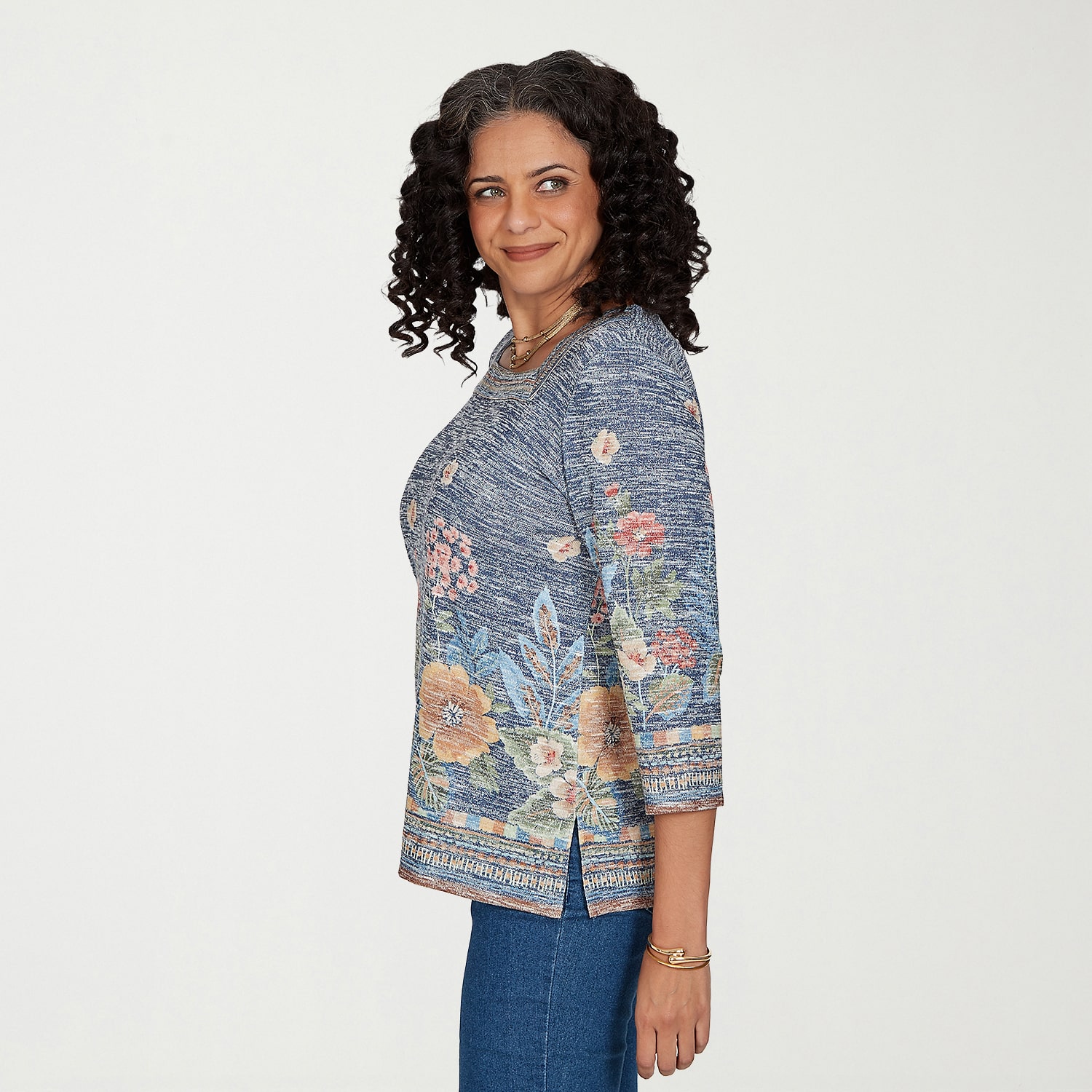 Alfred Dunner Tuscany Womens Square Neck 3/4 Sleeve T-Shirt