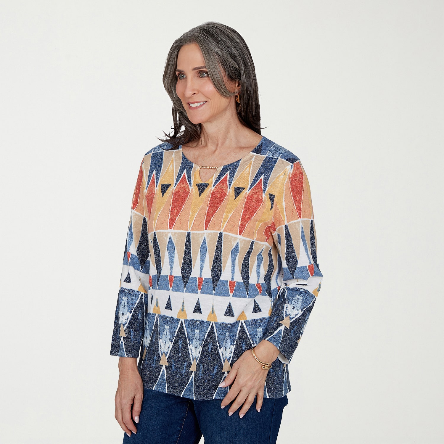 Alfred Dunner Tuscany Womens Keyhole Neck 3/4 Sleeve Geometric Pullover Sweater