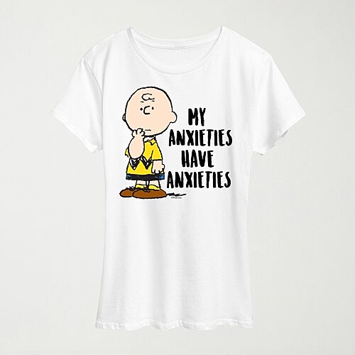 Hybrid Tees My Anxieties Have Anxieties Womens Crew Neck Short Sleeve Regular Fit Peanuts Graphic T-shirt In White