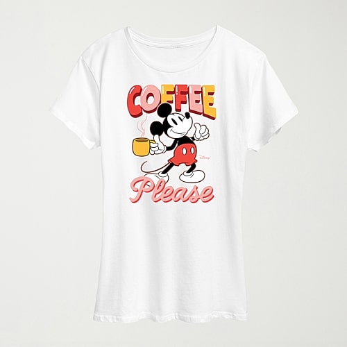 Hybrid Tees Coffee Please Womens Crew Neck Short Sleeve Regular Fit Mickey Mouse Graphic T-shirt In White