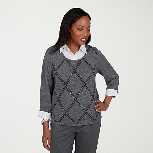 Alfred Dunner Womens 3/4 Sleeve Layered Sweater In Gray