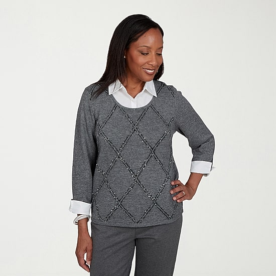 Alfred Dunner Regent Street Womens 3/4 Sleeve Layered Sweater