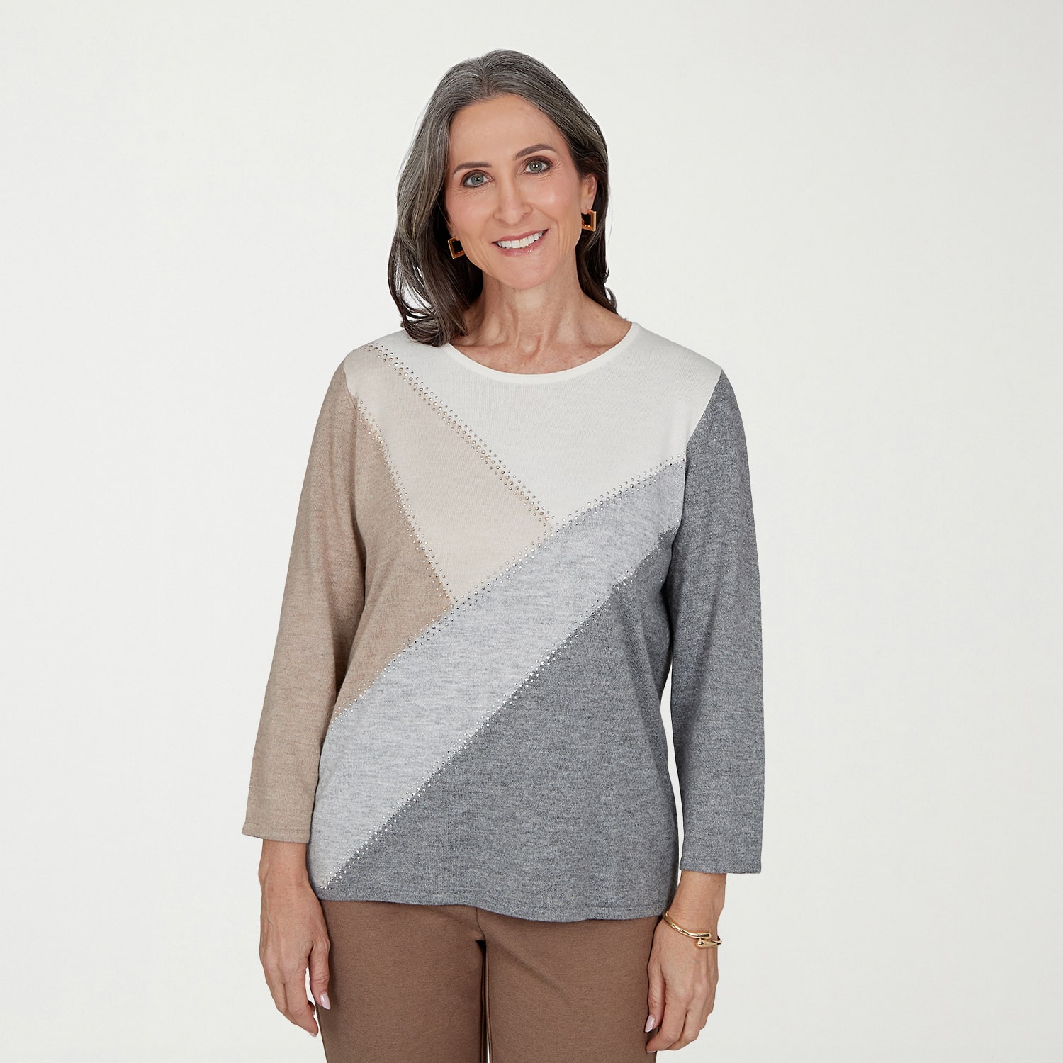Alfred Dunner Regent Street Womens Crew Neck 3/4 Sleeve Pullover Sweater