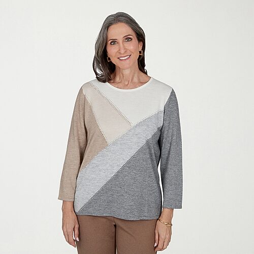 Alfred Dunner Womens Crew Neck 3/4 Sleeve Pullover Sweater In Gray