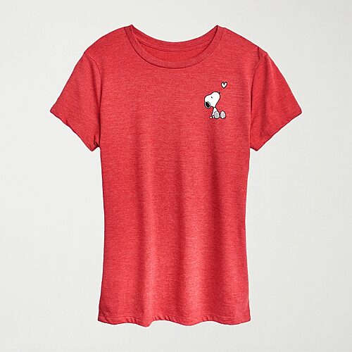 Hybrid Tees Heart Womens Crew Neck Short Sleeve Regular Fit Peanuts Snoopy Graphic T-shirt In Red