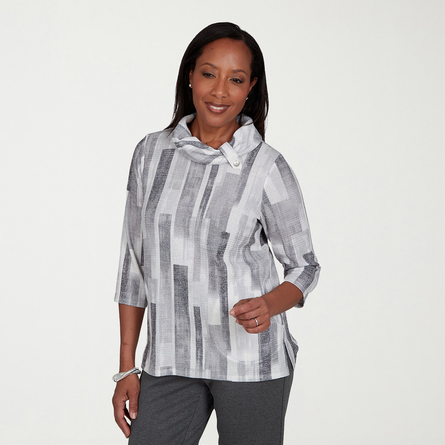 Alfred Dunner Regent Street Womens Cowl Neck 3/4 Sleeve T-Shirt