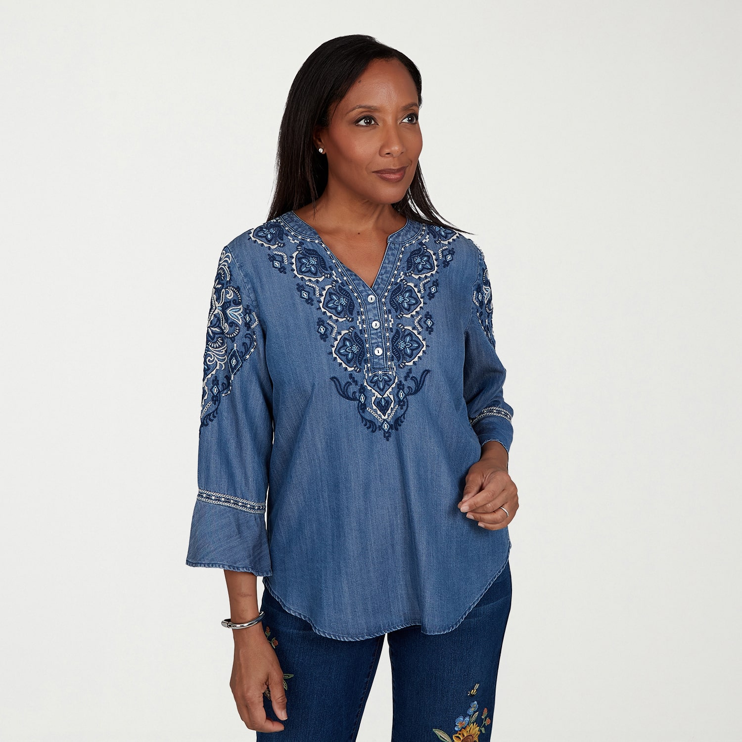 Alfred Dunner Tuscany Womens Split Crew Neck 3/4 Sleeve Blouse