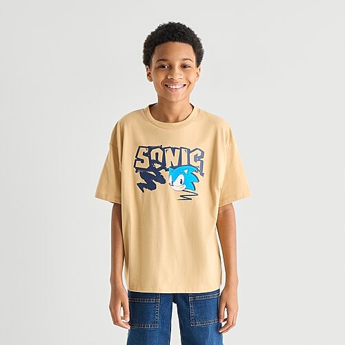 Little & Big Kid Boys Crew Neck Short Sleeve Oversized Sonic the Hedgehog Graphic T-Shirt, X-small (6-7), Beige