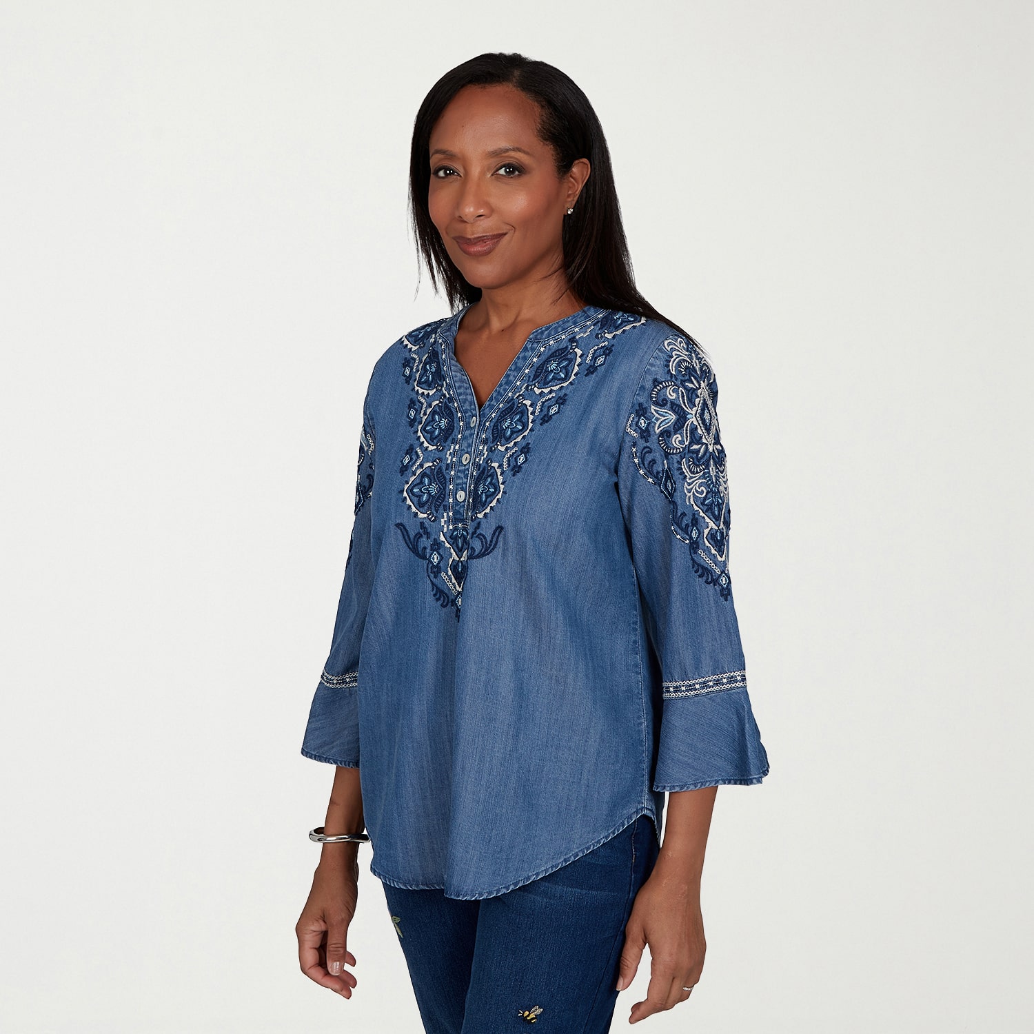 Alfred Dunner Tuscany Womens Split Crew Neck 3/4 Sleeve Blouse