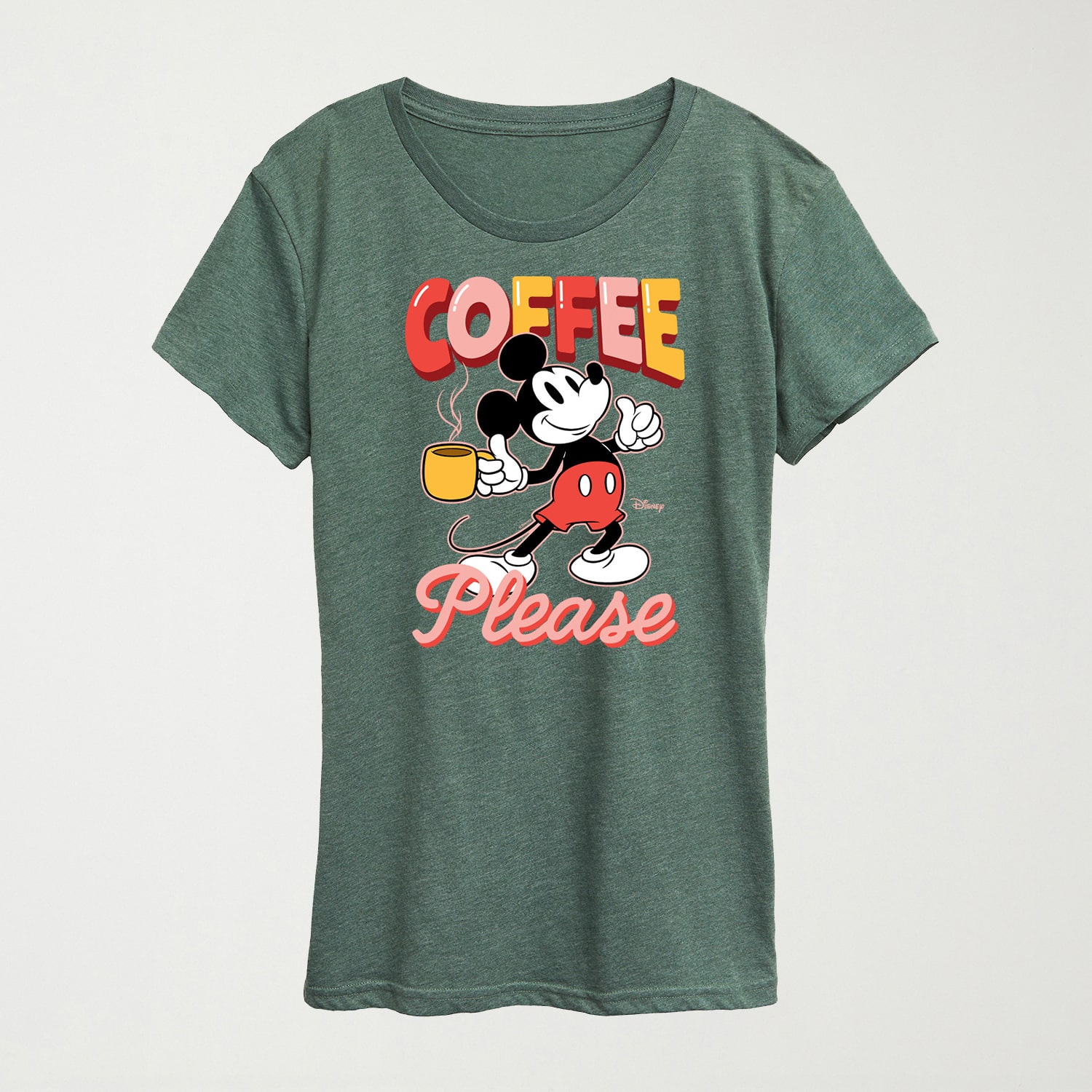 Coffee Please Womens Crew Neck Short Sleeve Regular Fit Mickey Mouse Graphic T-Shirt