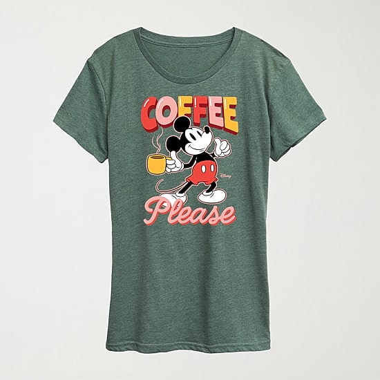 Coffee Please Womens Crew Neck Short Sleeve Regular Fit Mickey Mouse Graphic T-Shirt