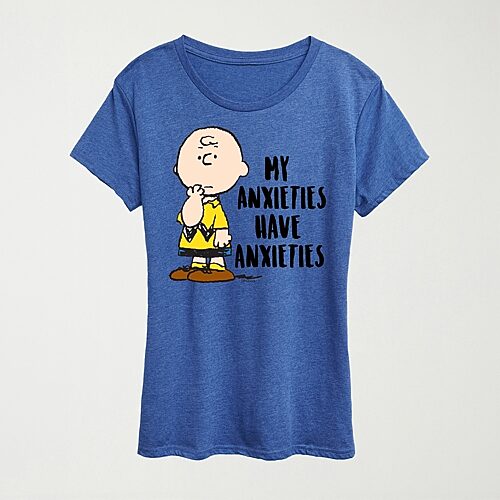 Hybrid Tees My Anxieties Have Anxieties Womens Crew Neck Short Sleeve Regular Fit Peanuts Graphic T-shirt In Blue