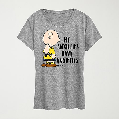 Hybrid Tees My Anxieties Have Anxieties Womens Crew Neck Short Sleeve Regular Fit Peanuts Graphic T-shirt In Gray