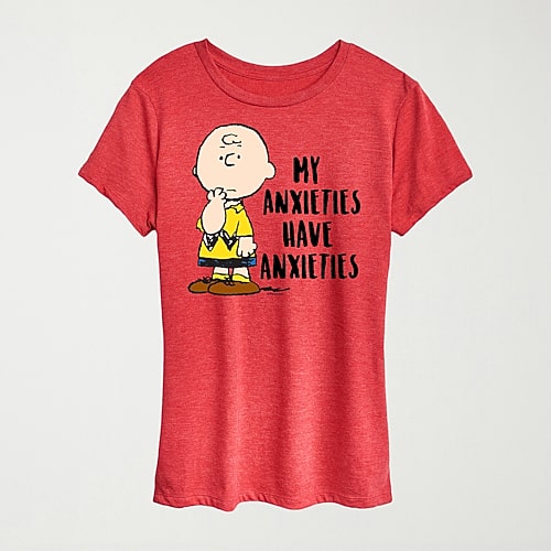 Hybrid Tees My Anxieties Have Anxieties Womens Crew Neck Short Sleeve Regular Fit Peanuts Graphic T-shirt In Red
