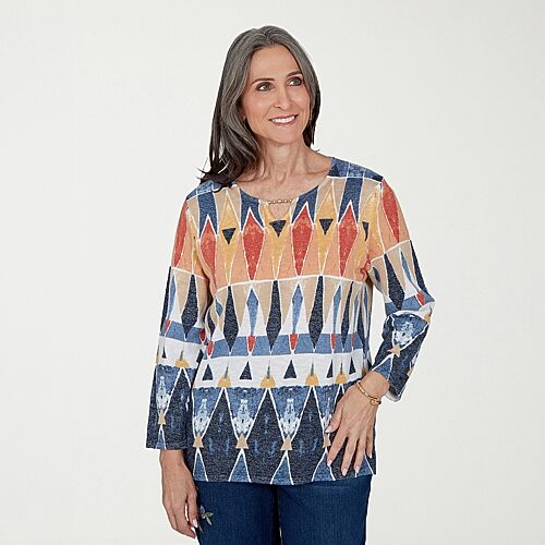 Alfred Dunner Tuscany Womens Split Crew Neck 3/4 Sleeve Geometric Pullover Sweater In Blue