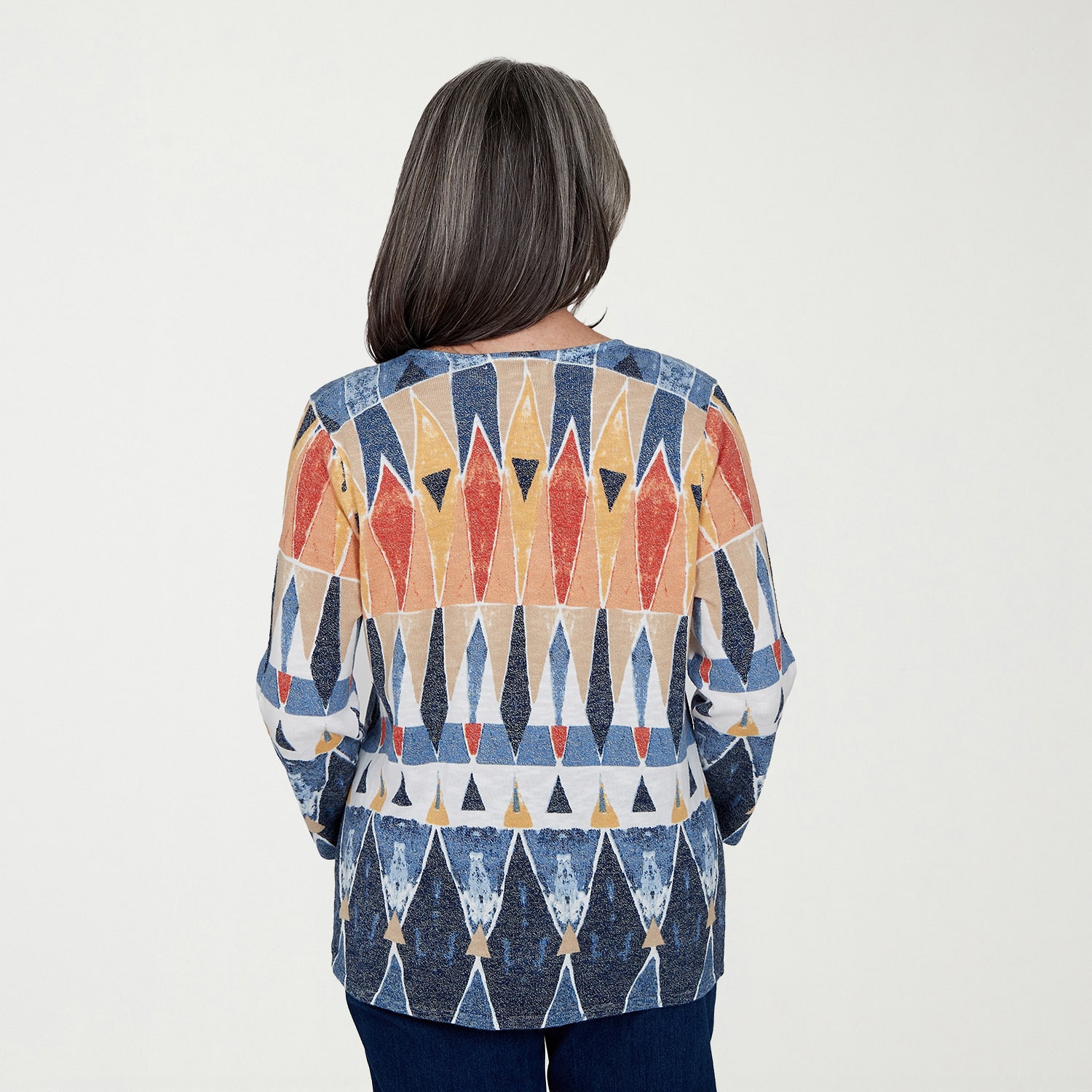 Alfred Dunner Tuscany Womens Keyhole Neck 3/4 Sleeve Geometric Pullover Sweater