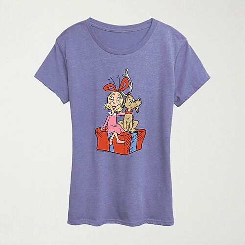 Hybrid Tees Max And Cindy Lou Present Womens Crew Neck Short Sleeve Regular Fit Grinch Graphic T-shirt In Purple