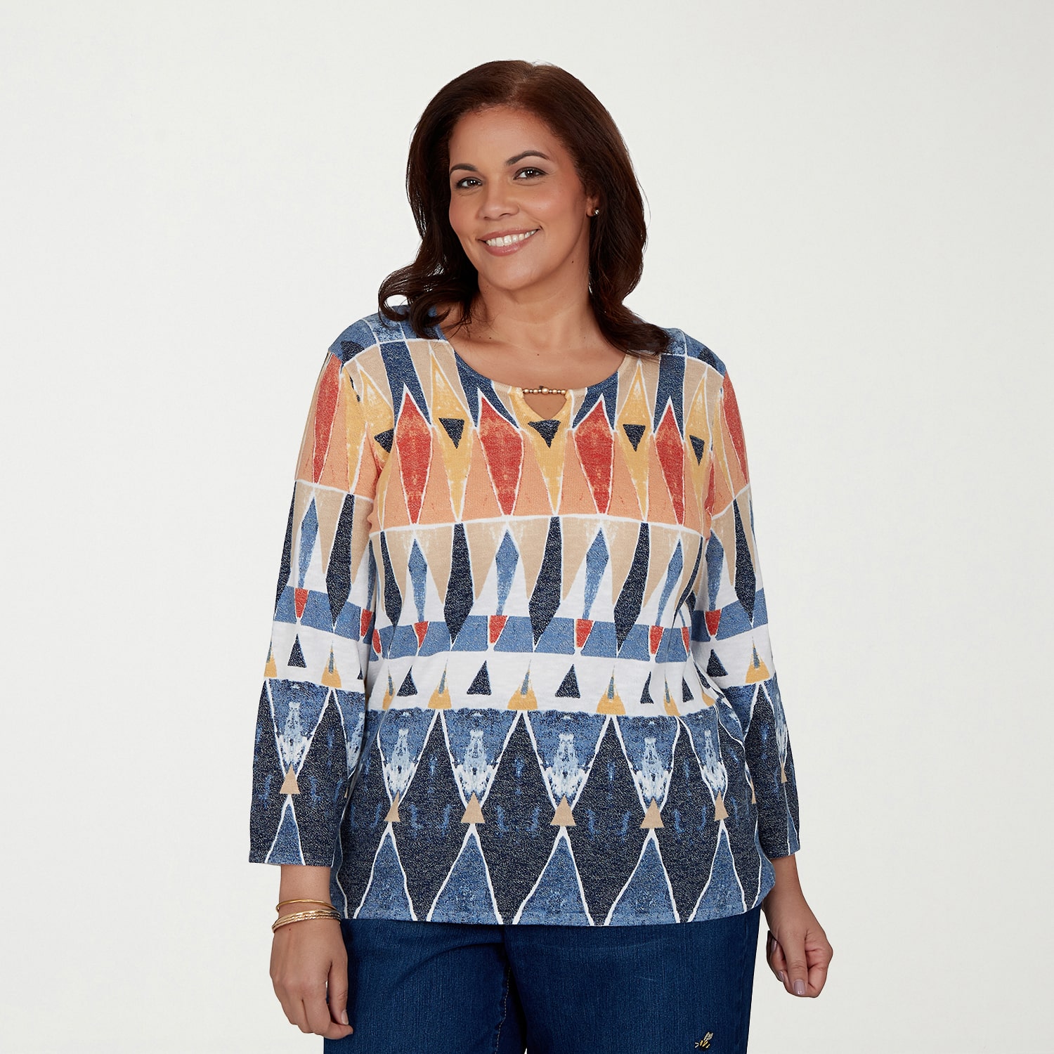 Alfred Dunner Plus Tuscany Womens Keyhole Neck 3/4 Sleeve Geometric Pullover Sweater