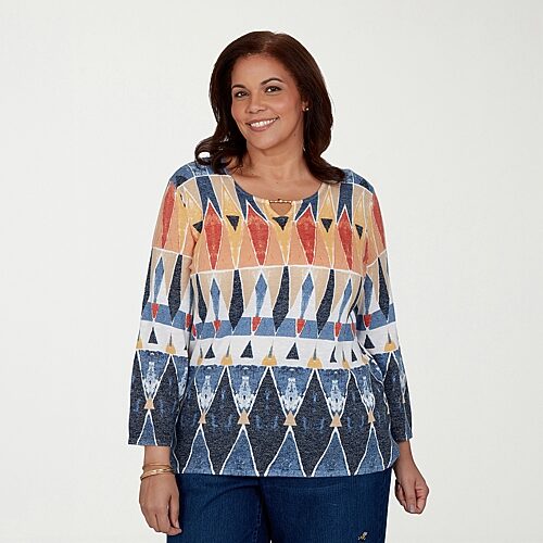 Alfred Dunner Plus Tuscany Womens Keyhole Neck 3/4 Sleeve Geometric Pullover Sweater In Blue