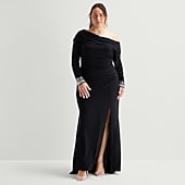 Premier Amour Womens Plus Asymmetrical Neck Long Sleeve Fitted Evening Gown