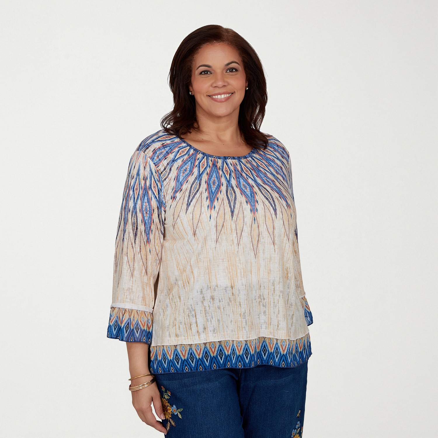 Alfred Dunner Tuscany Womens Plus Crew Neck 3/4 Sleeve T-Shirt