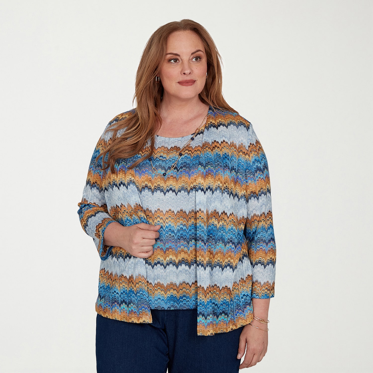 Alfred Dunner Tuscany Womens Plus Round Neck 3/4 Sleeve Layered Top