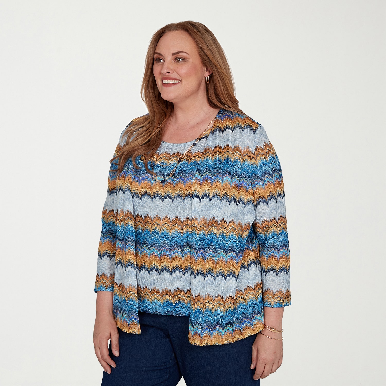 Alfred Dunner Tuscany Womens Plus Round Neck 3/4 Sleeve Layered Top