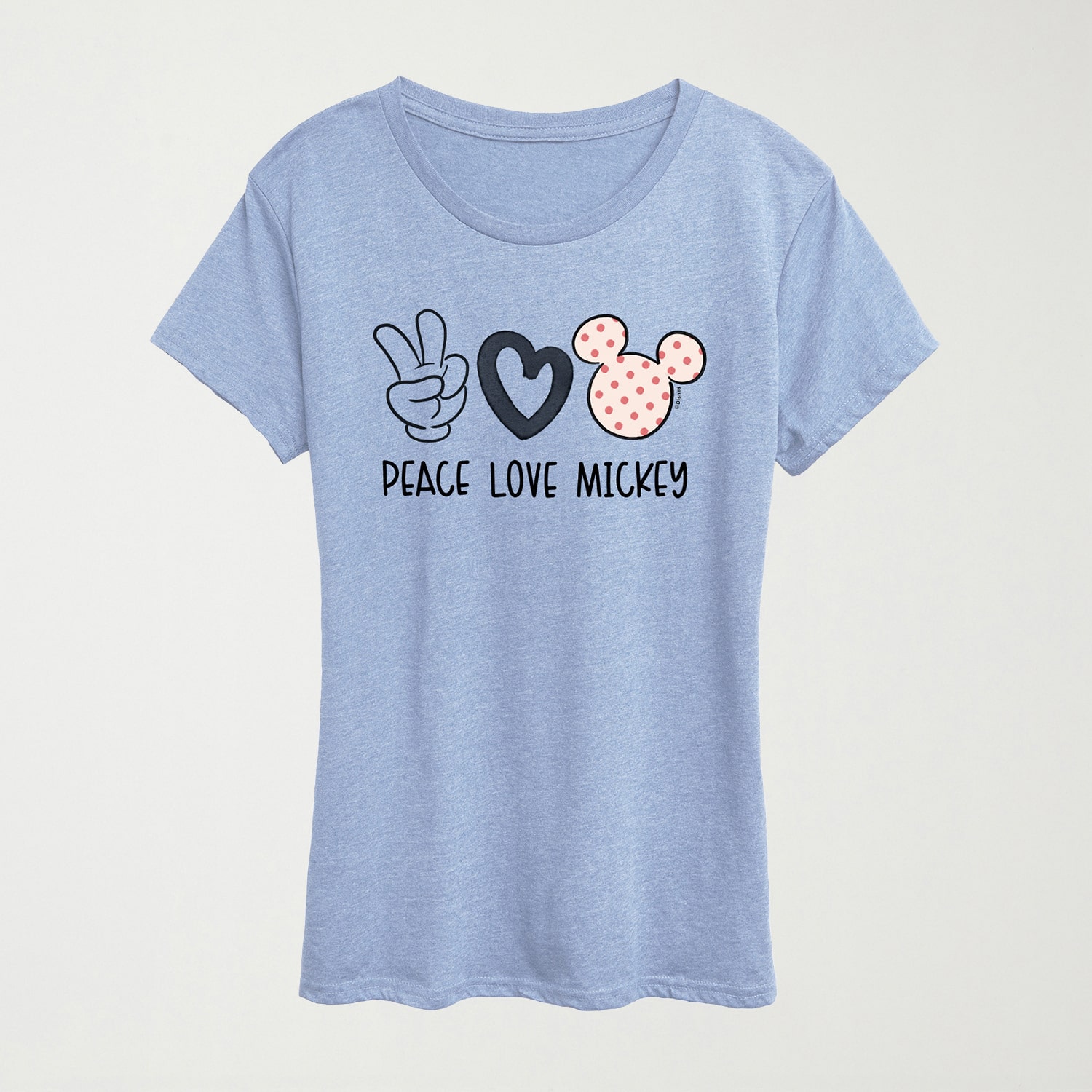 Peace Love Womens Crew Neck Short Sleeve Regular Fit Mickey Mouse Graphic T-Shirt