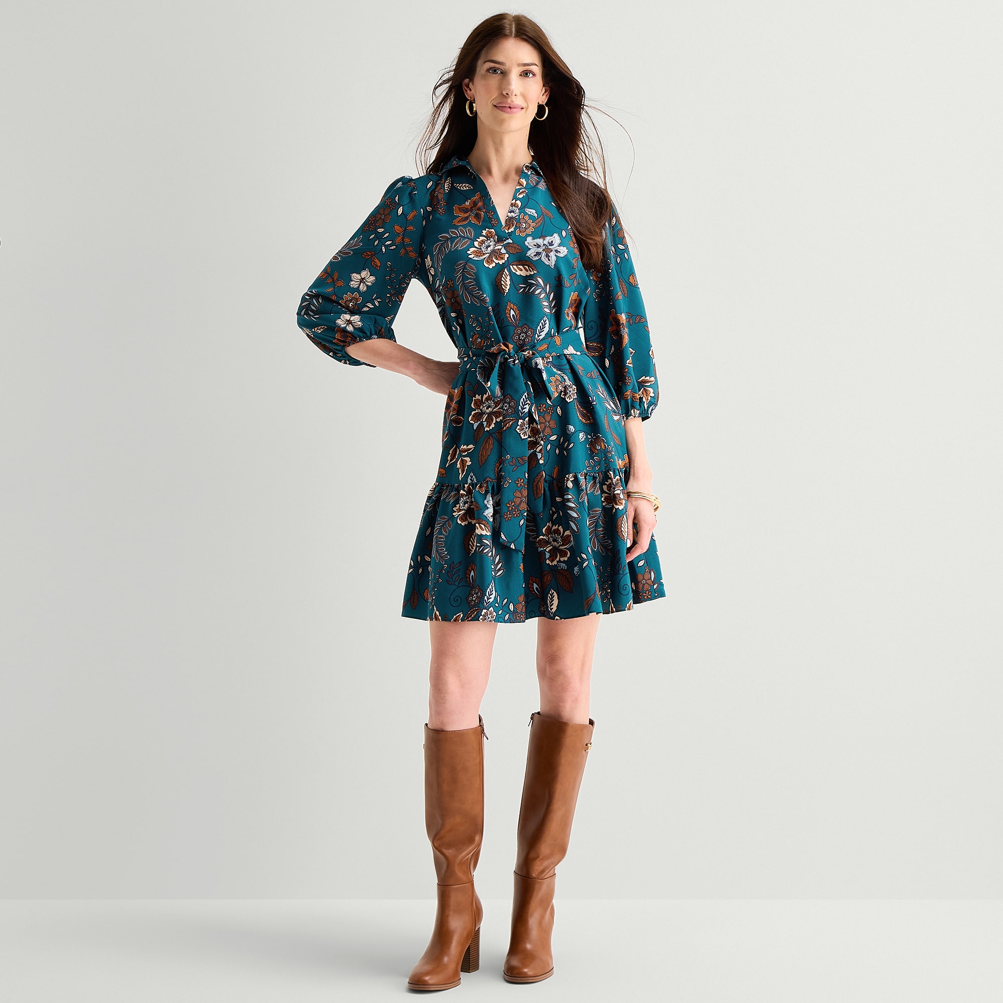Jessica Howard Womens V Neck 3/4 Sleeve Balloon Paisley Fit + Flare Dress