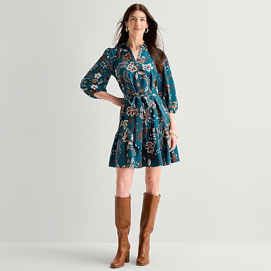 Jessica Howard Womens V Neck 3/4 Sleeve Balloon Paisley Fit + Flare Dress
