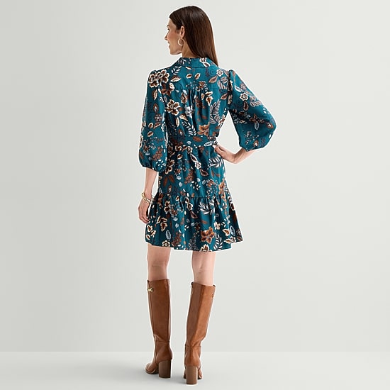 Jessica Howard Womens V Neck 3/4 Sleeve Balloon Paisley Fit + Flare Dress