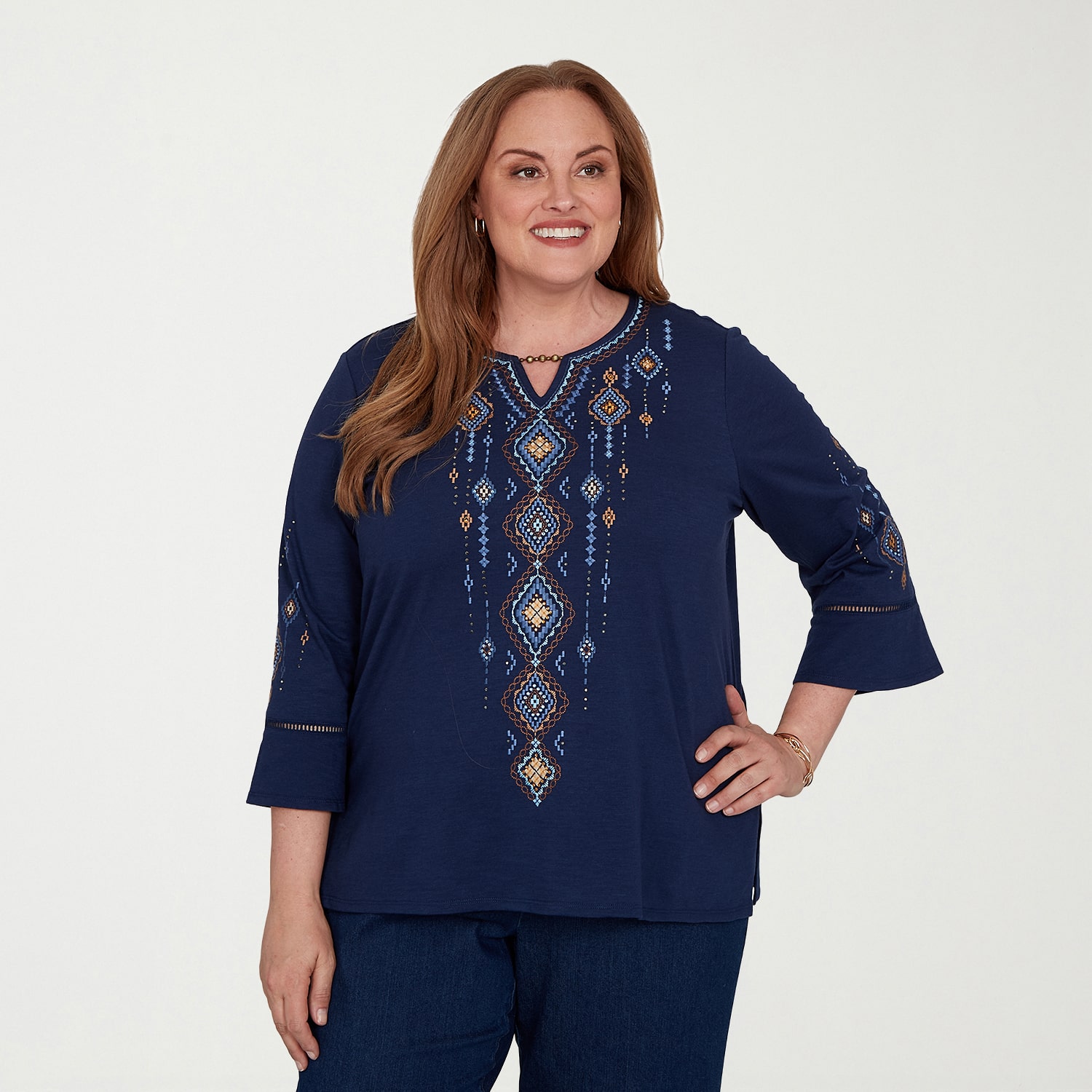 Alfred Dunner Tuscany Womens Plus Keyhole Neck 3/4 Sleeve T-Shirt