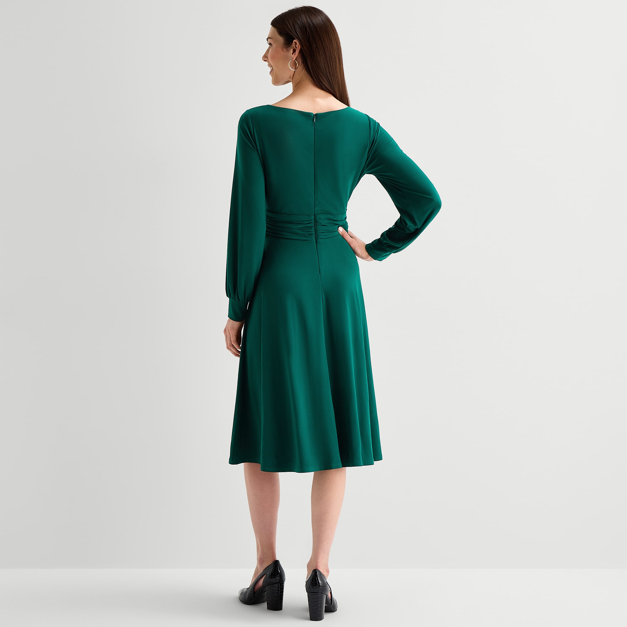 Jessica Howard Womens Midi Boat Neck Long Sleeve Cuffed Fit + Flare Dress