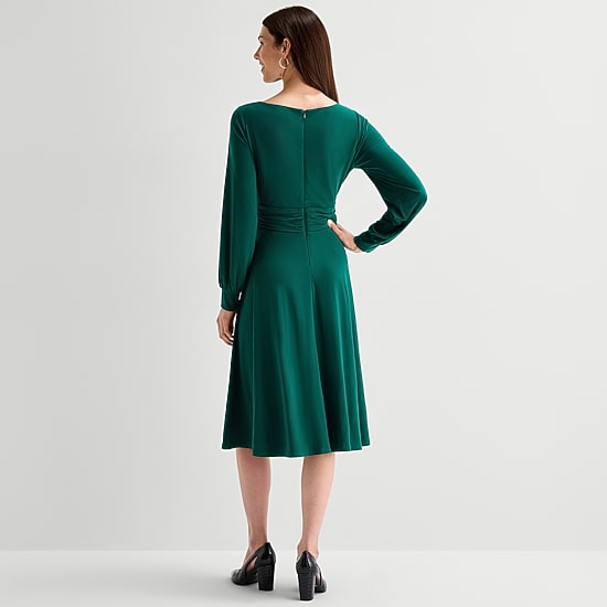 Jessica Howard Womens Midi Boat Neck Long Sleeve Cuffed Fit + Flare Dress