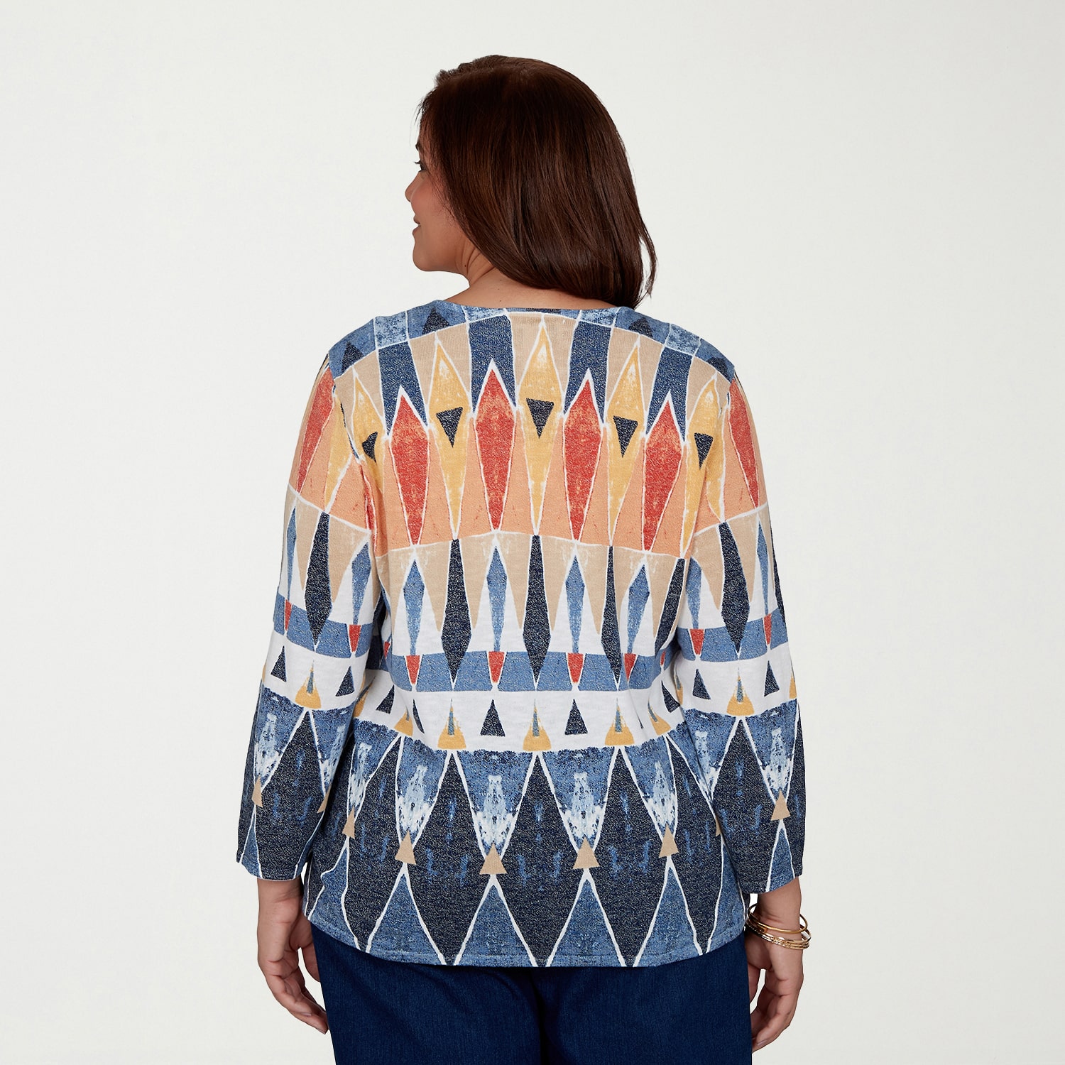 Alfred Dunner Plus Tuscany Womens Keyhole Neck 3/4 Sleeve Geometric Pullover Sweater
