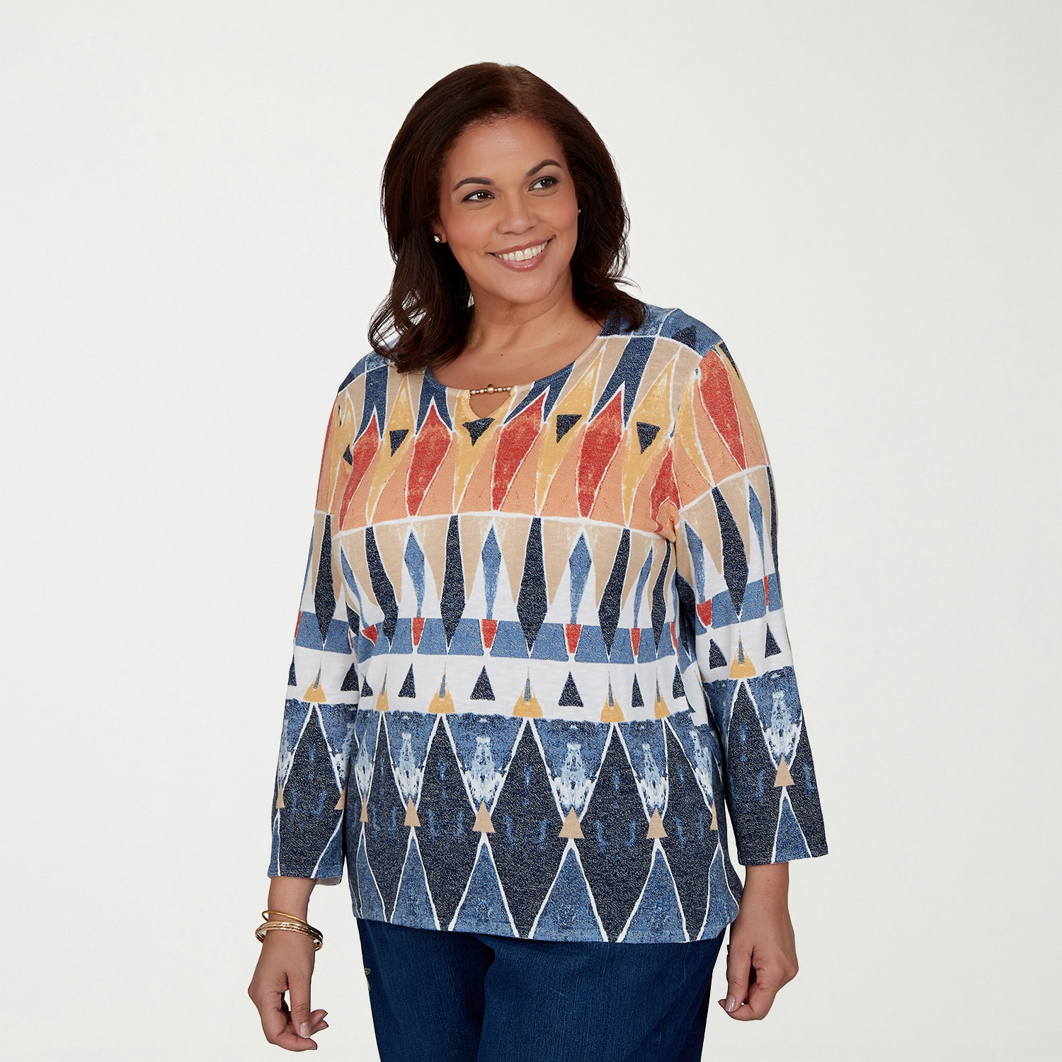 Alfred Dunner Plus Tuscany Womens Keyhole Neck 3/4 Sleeve Geometric Pullover Sweater