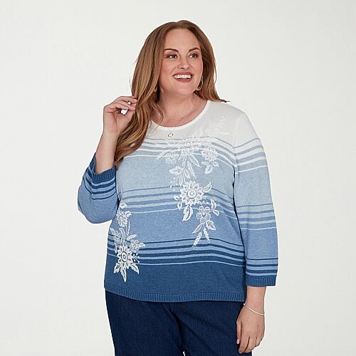 Alfred Dunner Plus Tuscany Womens Crew Neck 3/4 Sleeve Ombre Pullover Sweater In Blue