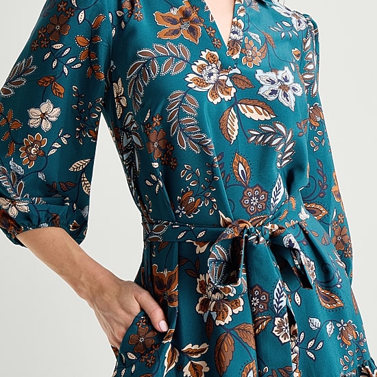 Jessica Howard Womens V Neck 3/4 Sleeve Balloon Paisley Fit + Flare Dress