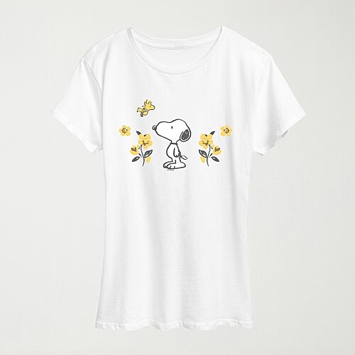 Hybrid Tees Floral Womens Crew Neck Short Sleeve Regular Fit Peanuts Snoopy Graphic T-shirt In White